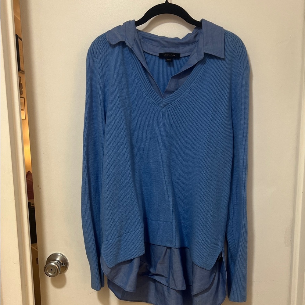 Ann Taylor Sky Blue V-Neck Sweater with Collar